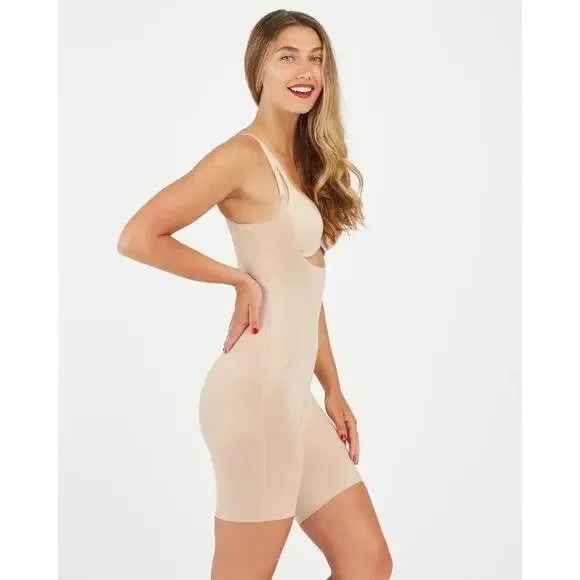 Spanx Thinstincts 2.0 Open-Bust Mid-Thigh Shapewear Bodysuit Nude Size S NWOT